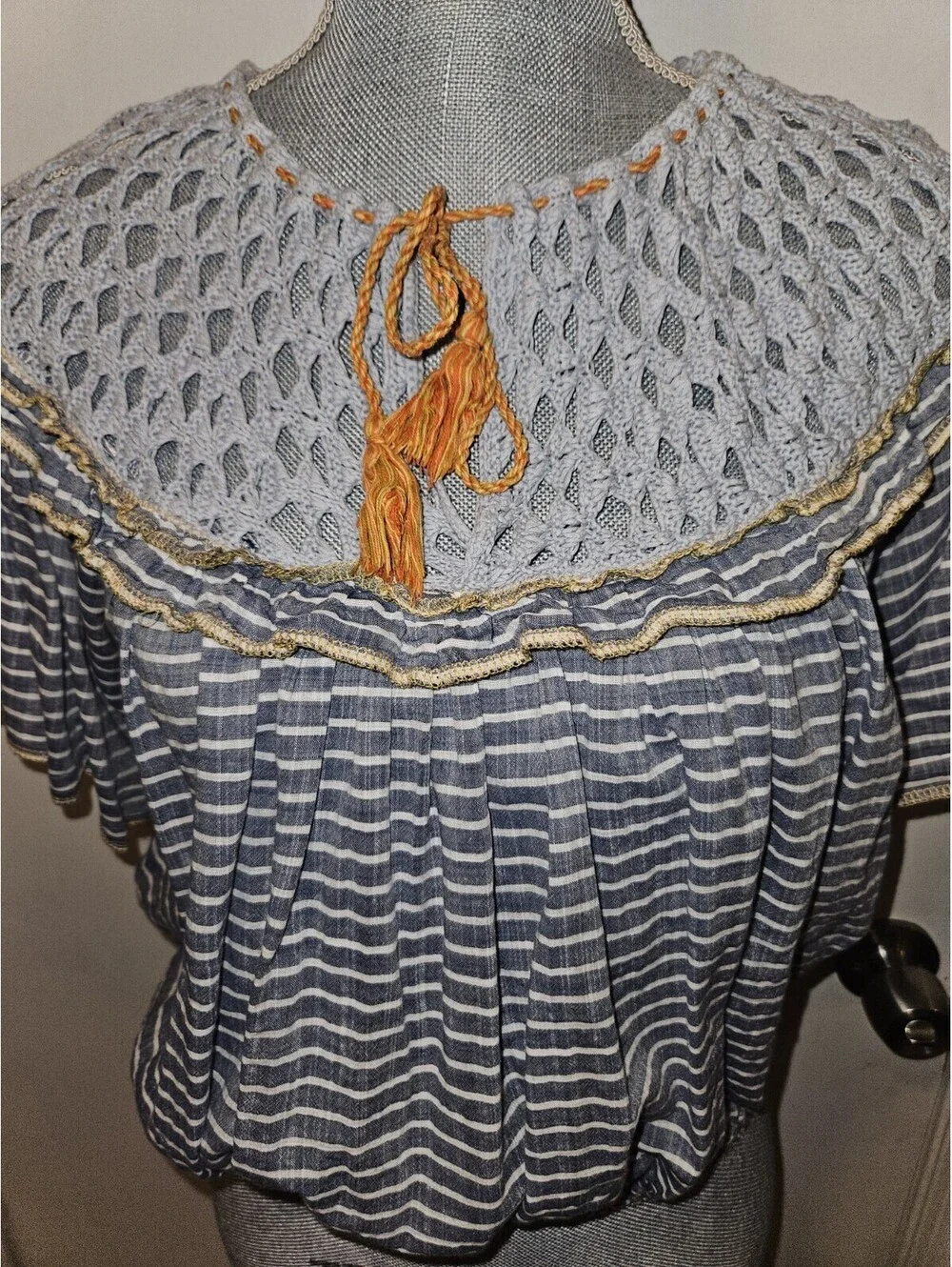 Free People Medium Allora Blue Striped Ruffle Sleeve Crochet Cropped Shirt